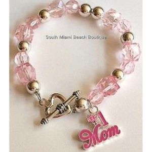#1 MOM Charm Bracelet Silver Pink Bead Mothers Day